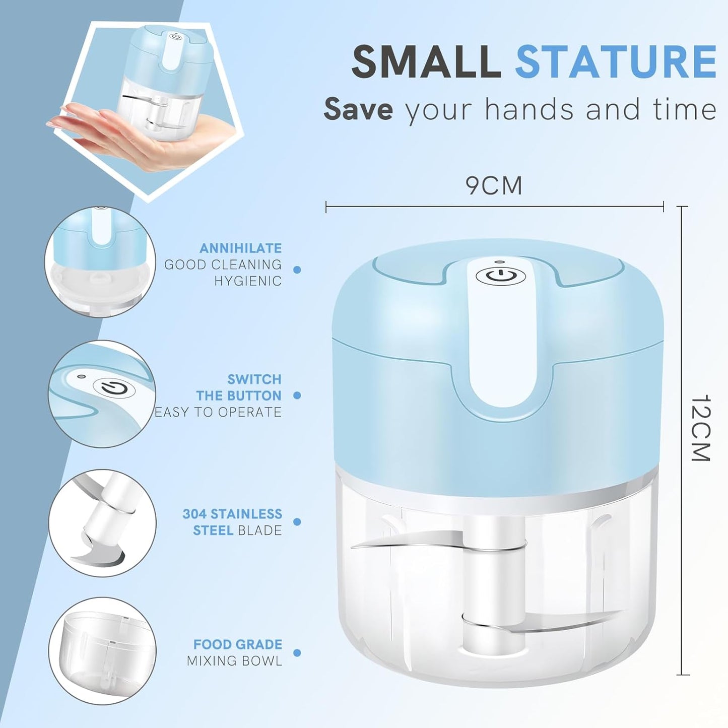 EASYSPEED Electric Garlic Chopper 1Cup, Mini USB Charging Wireless Food Processor with 304 Stainless Steel, 2 Sharp Blades, Portable Kitchen Meat Grinder for Onion, Garlic, Ginger, Baby Food