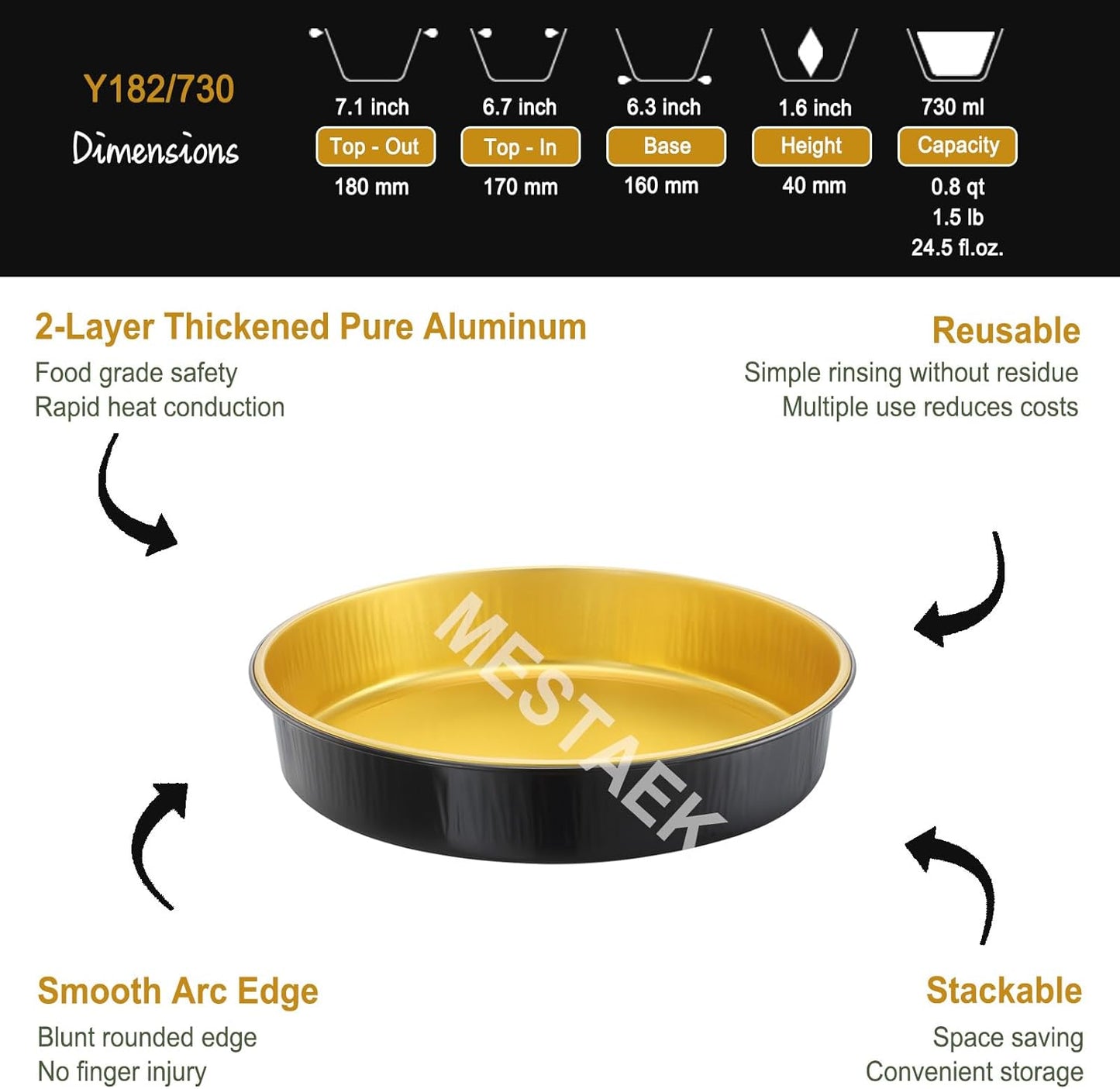 Reusable Aluminum Foil Air Fryer Pans, 50-Pack, 7.1-Inch Diameter, 1.6-Inch Depth, 24.5-Ounce Capacity, Food-Grade, Black & Gold, Thickened for High Temperatures, Dishwasher Safe