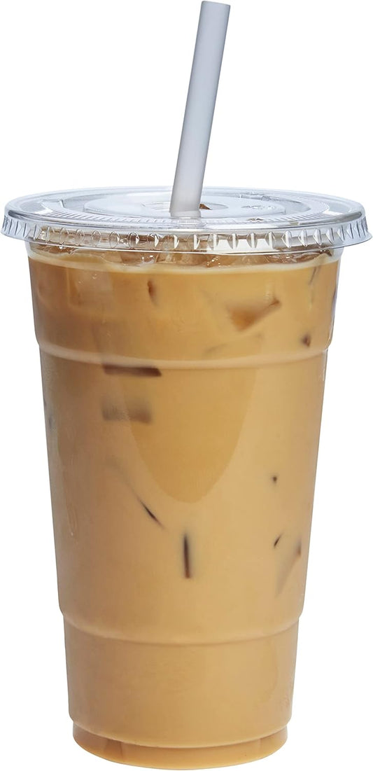GUSTO Clear Plastic Cups with Flat Lids [24 oz - 100 Count] - Disposable Iced Coffee Cups with Lids - PET Plastic Cold Cups for Smoothies, Juices & To-Go Drinks - Formerly Comfy Package