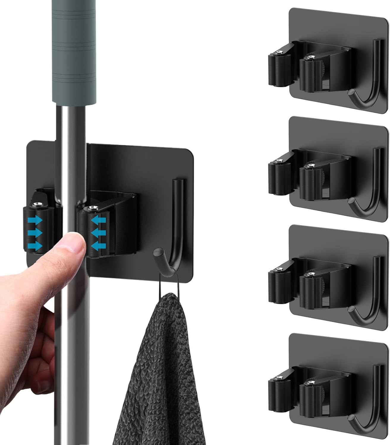 Mop Broom Holder No Drill, Mop Broom Organizer Wall Mounted Heavy Duty with Hooks Hanger, Self Adhesive Stainless Steel 4Pcs for Bathroom, Kitchen, Office (Black)
