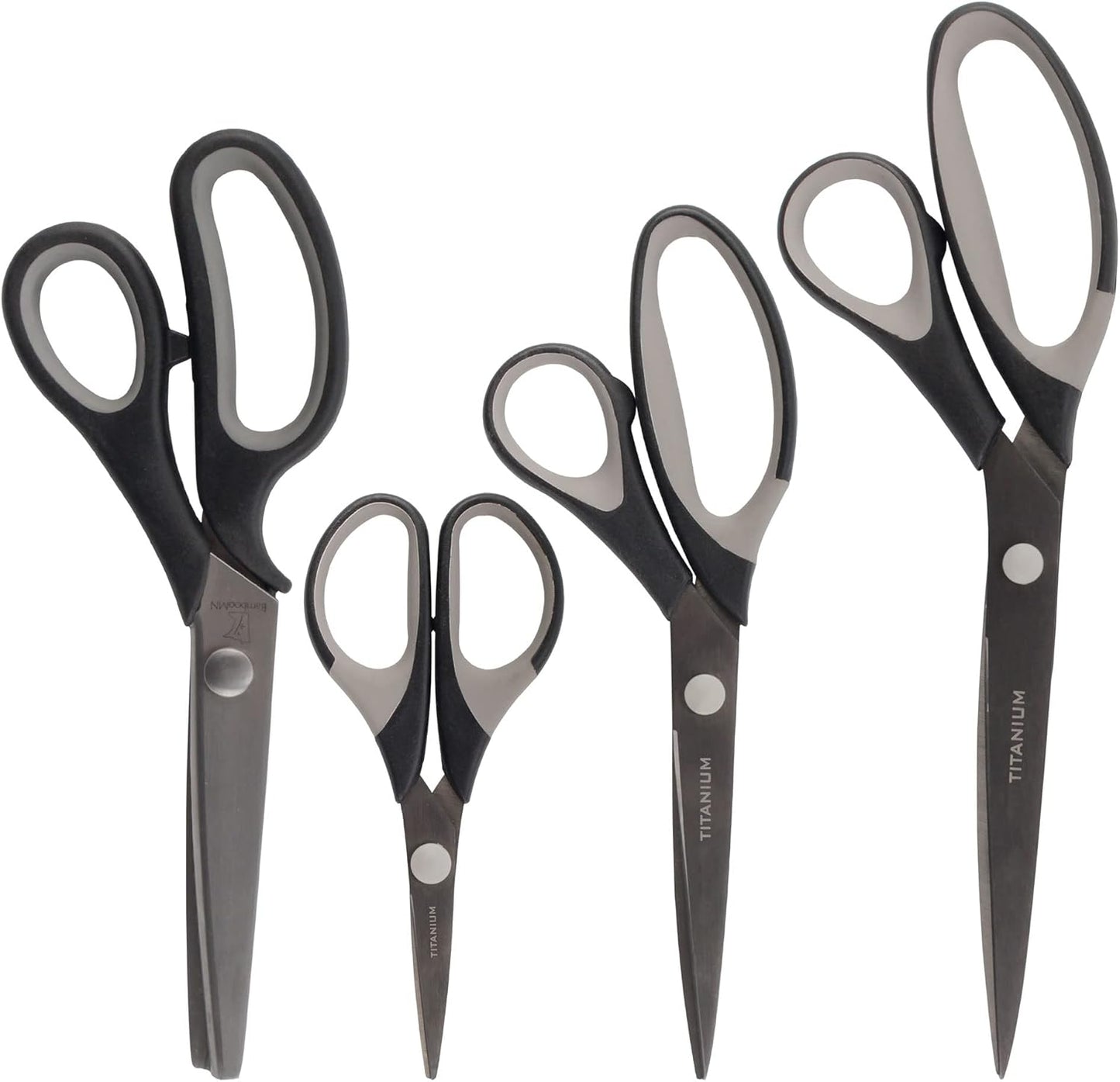 BambooMN Titanium Softgrip Scissors Set - Pinking, Sewing, Arts, Crafts, Office - 10 Sets of 4 - Black w/Grey Inlays