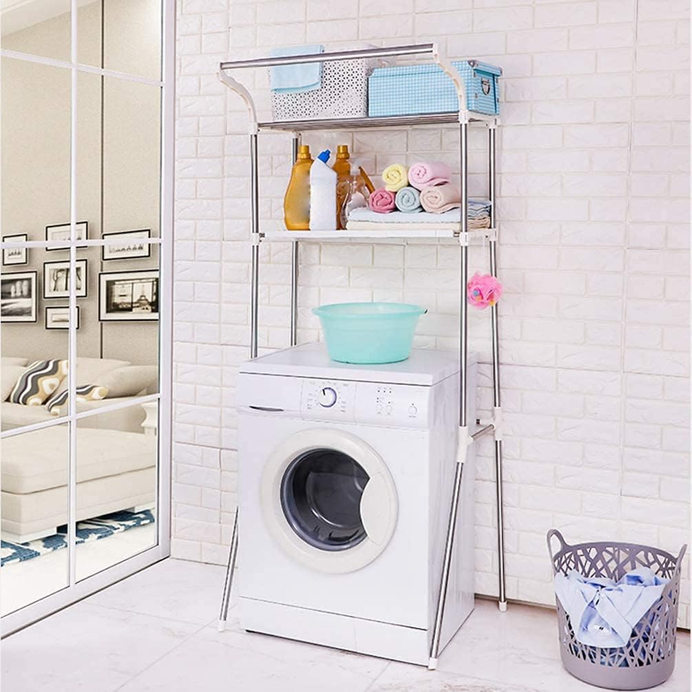 BAOYOUNI Over The Toilet Storage Shelf Units Bathroom Organizer Above Washer Dryer Space Saver Standing Rack 2-Tier 25.78 W X 19.48 D X 68.11 H Inches, Ivory