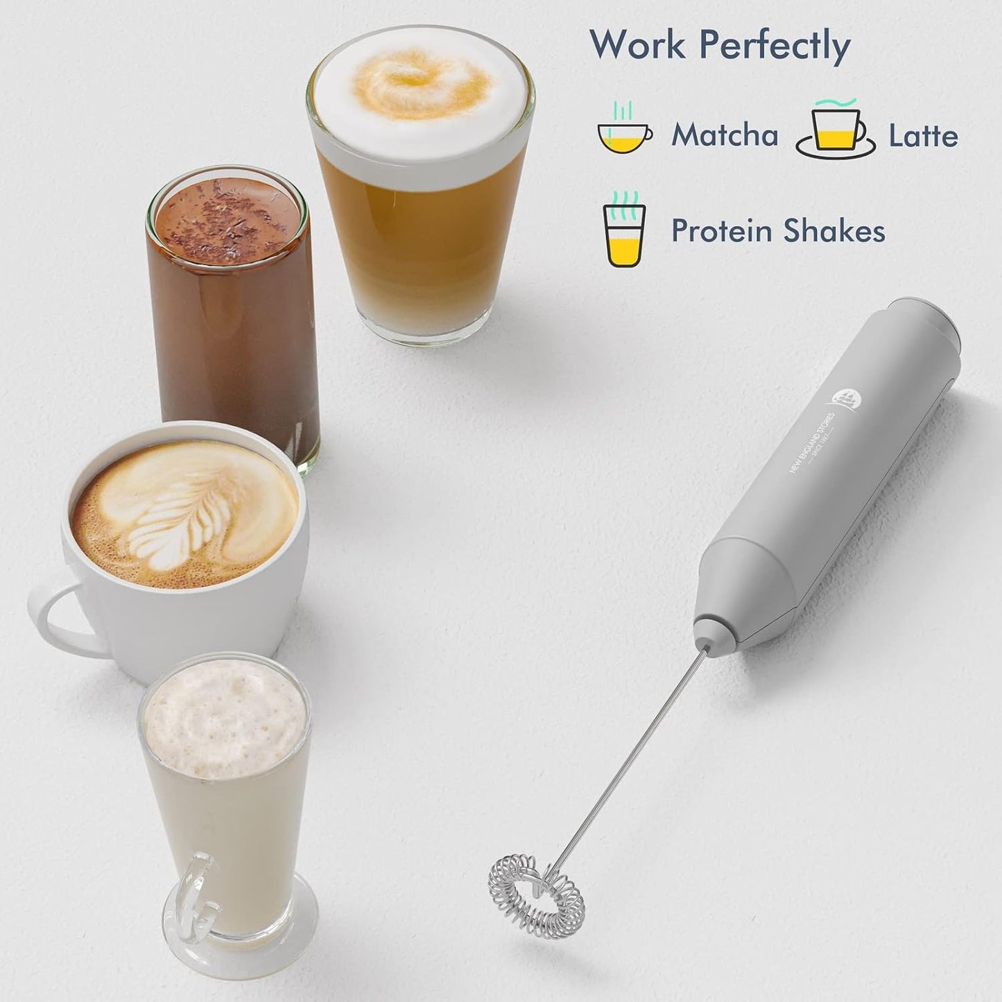 Powerful Milk Frother Handheld Foam Maker, Mini Whisk Drink Mixer for Coffee, Cappuccino, Latte, Matcha, Hot Chocolate, With Stand, Grey