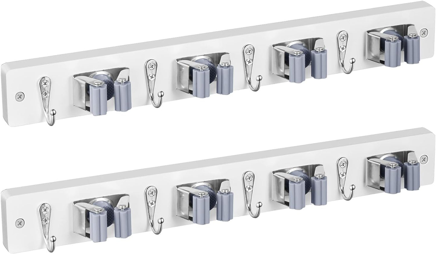 2 Pack Mop Broom Holder Wall Mount - White Wood Broom Mop Hanger - Wall Mounted Garden Tool Rack Organizer for Closet Garage Laundry Room, 4 Slots & 4 Hooks