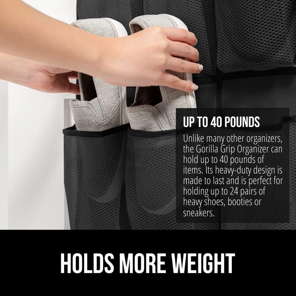 GORILLA GRIP Over the Door Shoe Organizer, 12 Large Breathable Mesh Pockets, Space Saving Hanging Storage Holder, 2 Hook Closet Rack Hanger, Hangs on Closets for Shoes, Accessories, 64H x 9.5W Black