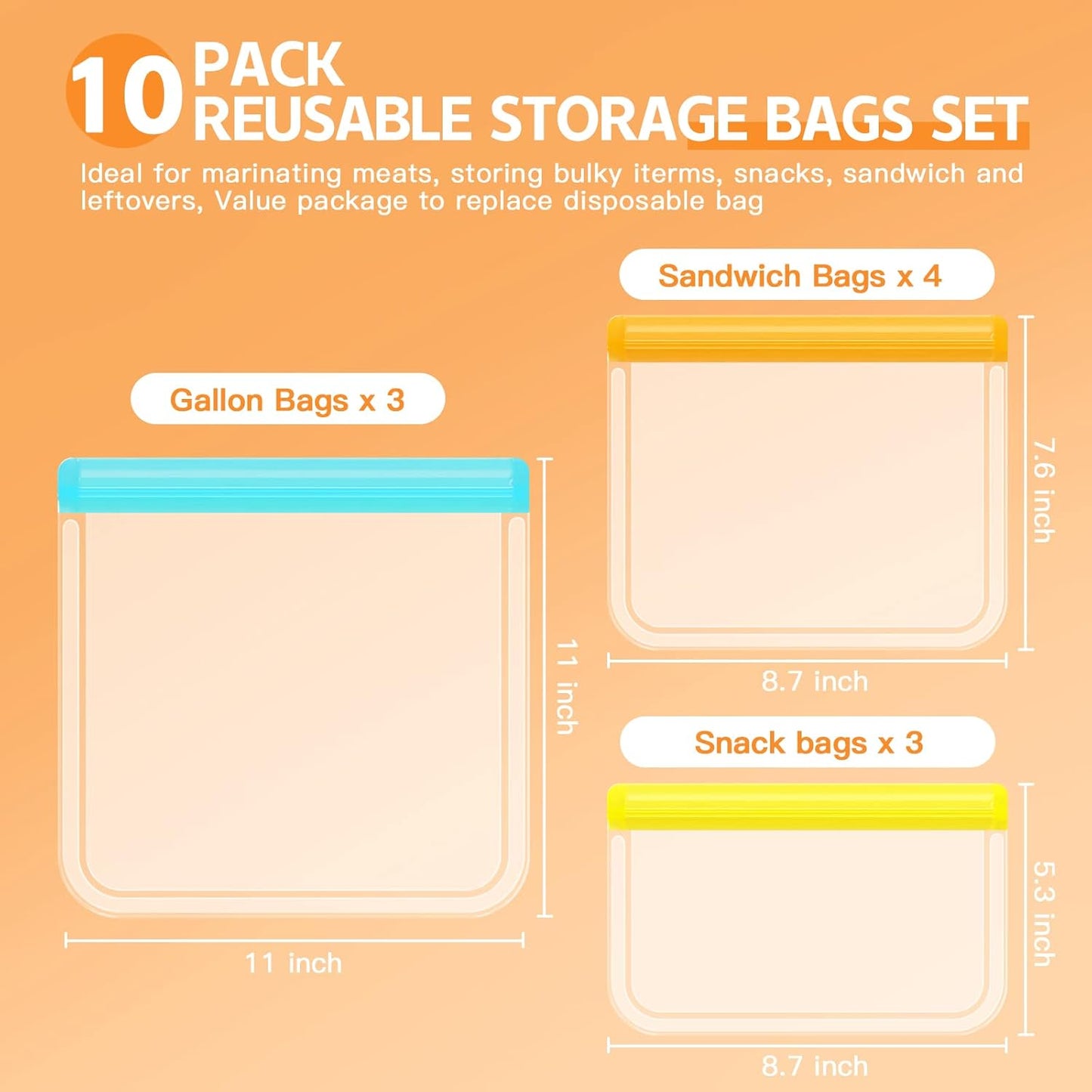 10 Pack Dishwasher Safe Reusable Bags, Silicone, Leakproof, BPA Free, Reusable Food Storage Bags for Lunch, Marinate, Freeze, Travel (Grey) - 3 Gallon, 3 Snack, 4 Sandwich