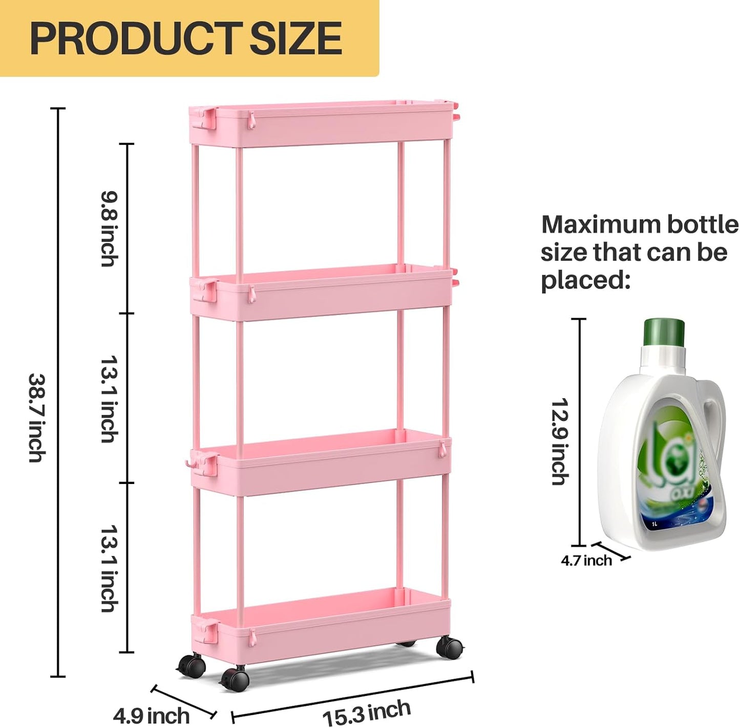 SPACEKEEPER Slim Rolling Storage Cart 4 Tier Bathroom Organizer Utility Cart Mobile Shelving Unit Tower Rack for Kitchen, Laundry Room, Bathroom, Narrow Places, Pink