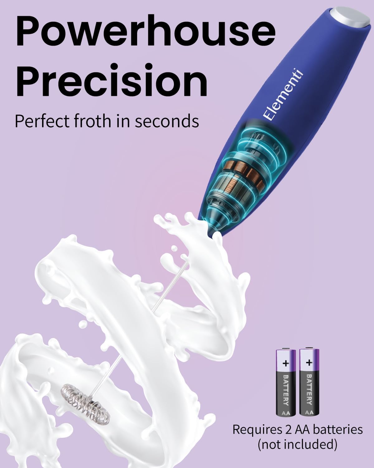 Elementi Electric Milk Frother Handheld - Mini Whisk for Coffee, Matcha and Drinks - Portable Frother & Mixer with Stand (Royal Blue)