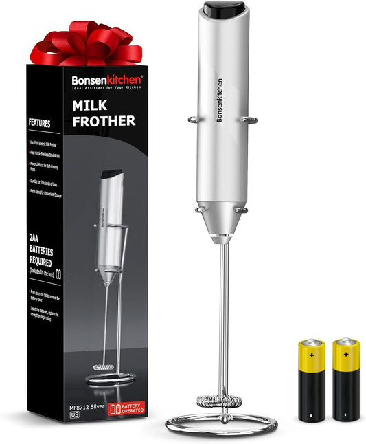 Bonsenkitchen Milk Frother Hanheld with Stand, Electric Coffee Frother, Portable Hand Frother Wand Drink Mixer for Matcha Lattes Cappuccino, Kitchen Gifts (Battery Included)