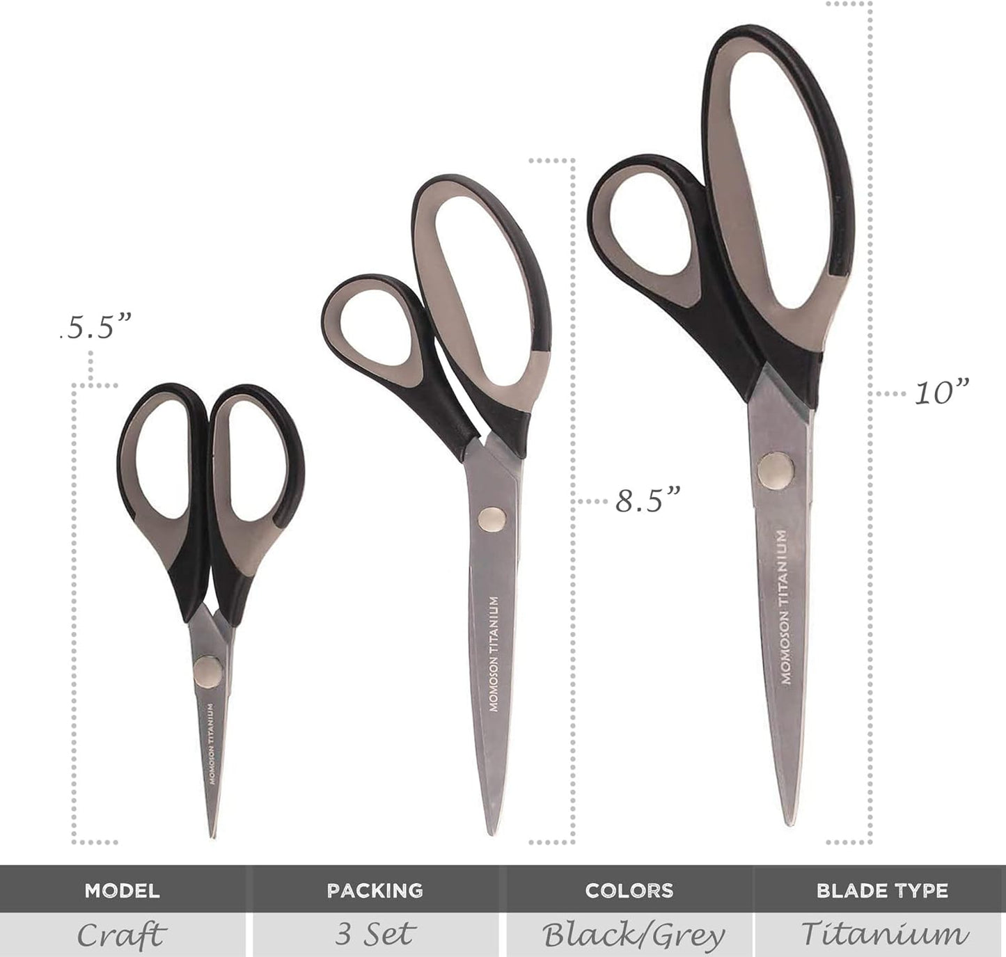 BambooMN Titanium Softgrip Scissors Set for Sewing, Arts, Crafts, Office - 10 Sets of 3 - Black w/Grey Inlays