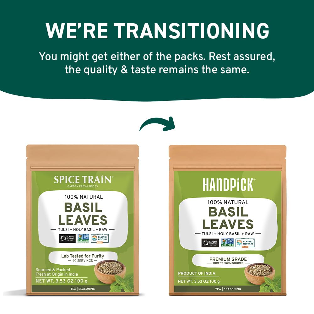 HANDPICK Dried Basil Leaves 40 Servings (100g/ 3.5oz) Non GMO, Gluten Free, 100% Raw Whole Tulsi Leaf, Sourced from India, Premium Quality, Packed in Resealable Ziplock Pouch