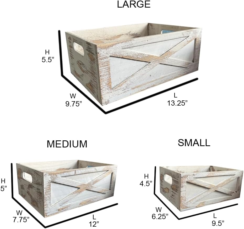 Admired By Nature Wooden Crates Storage Container, 3pc Farmhouse Style Decorative Baskets for Home Decor, Rustic Decor, Nesting Stackable Organizers, Distressed Wood Crates, Achromatic Barn Door White