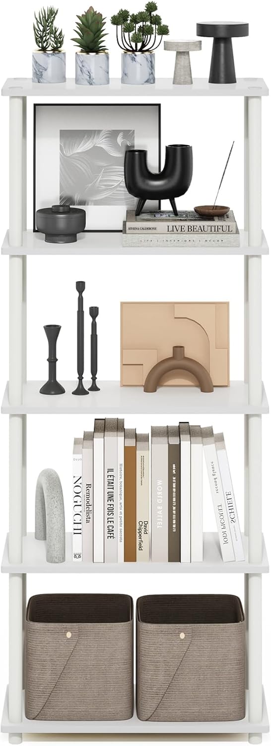 Furinno TURN-N-TUBE Storage Shelves, 5-Tier Book Shelf, Corner Shelf, Toolless Open Shelves, for Organization and Storage, Living Room, Garage, Home Office, White