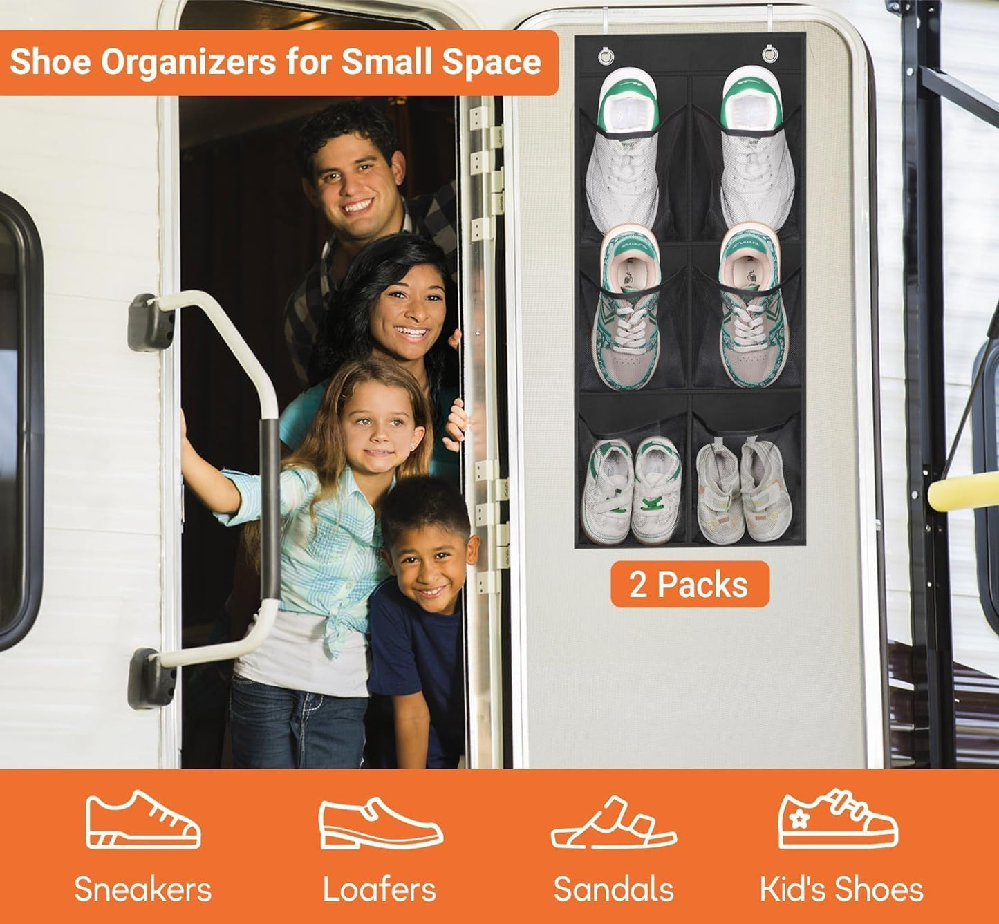 KIMBORA 2 Packs Narrow Over the Door/Wall Shoe Organizer, Small Hanging Shoe Rack for Closet with Clear Mesh Pocket for Bathroom, RV, Pantry, Camping (Black)