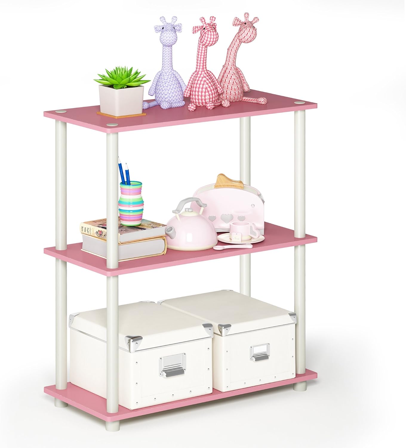 Furinno TURN-N-TUBE Storage Shelves, 3-Tier Book Shelf, Corner Shelf, Toolless Open Shelves, for Organization and Storage, Living Room, Garage, Home Office, Pink