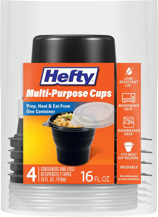 Hefty Multi-Purpose Black Plastic Cups with Lids, Reusable To Go Cups with Lids, Holds Food and Drink, Fits Most Car Cup Holders, Leak-Resistant Lid, Microwave & Dishwasher Safe, 4 Count (Pack of 6)