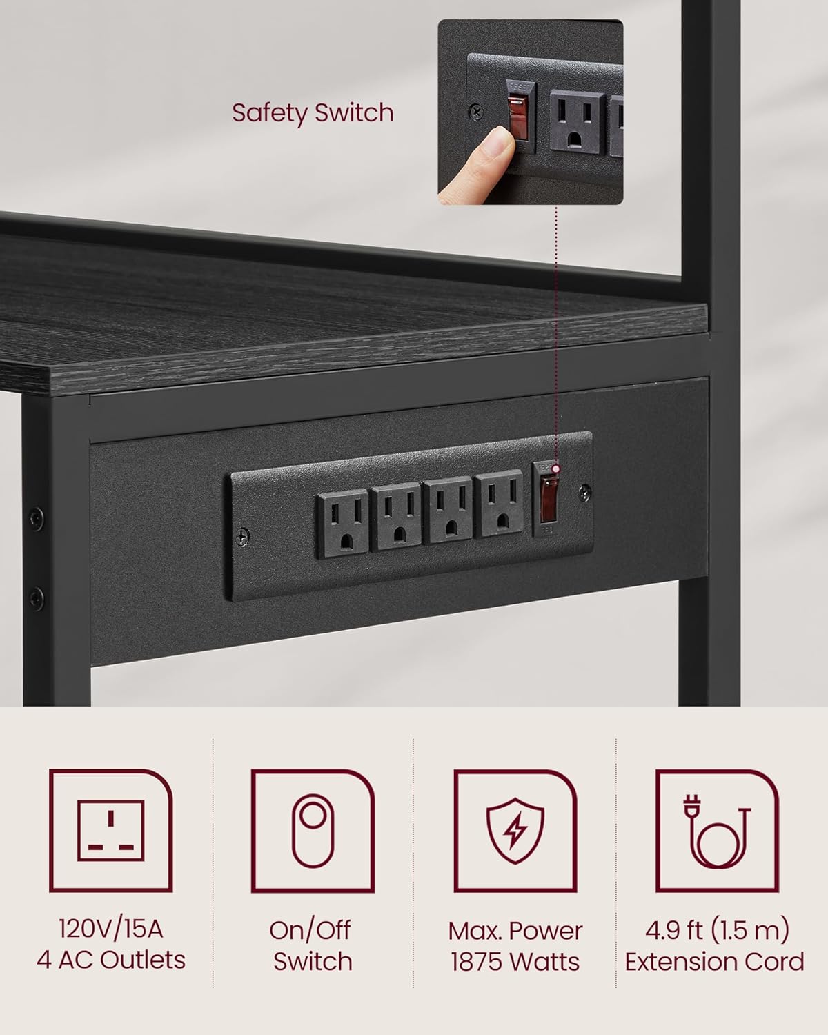 VASAGLE Bakers Rack with Power Outlet, 35.4 Inches Microwave Stand, Coffee Bar, 4 AC Outlets, with Adjustable Shelves, 8 S-Hooks, Basket, Spice Racks, Charcoal Gray and Ink Black UKKS031B22