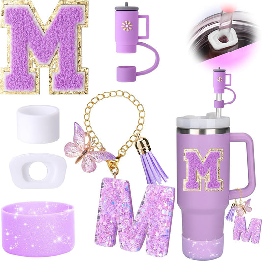 Mity rain 6PCS Cup Accessories Set for Stanley Cup 30oz 40oz tumbler with handle, Including Silicone Straw Topper Cover Cap and Boot, Spill Proof Stopper, Handle Charm, Initials Sticker (Letter M)