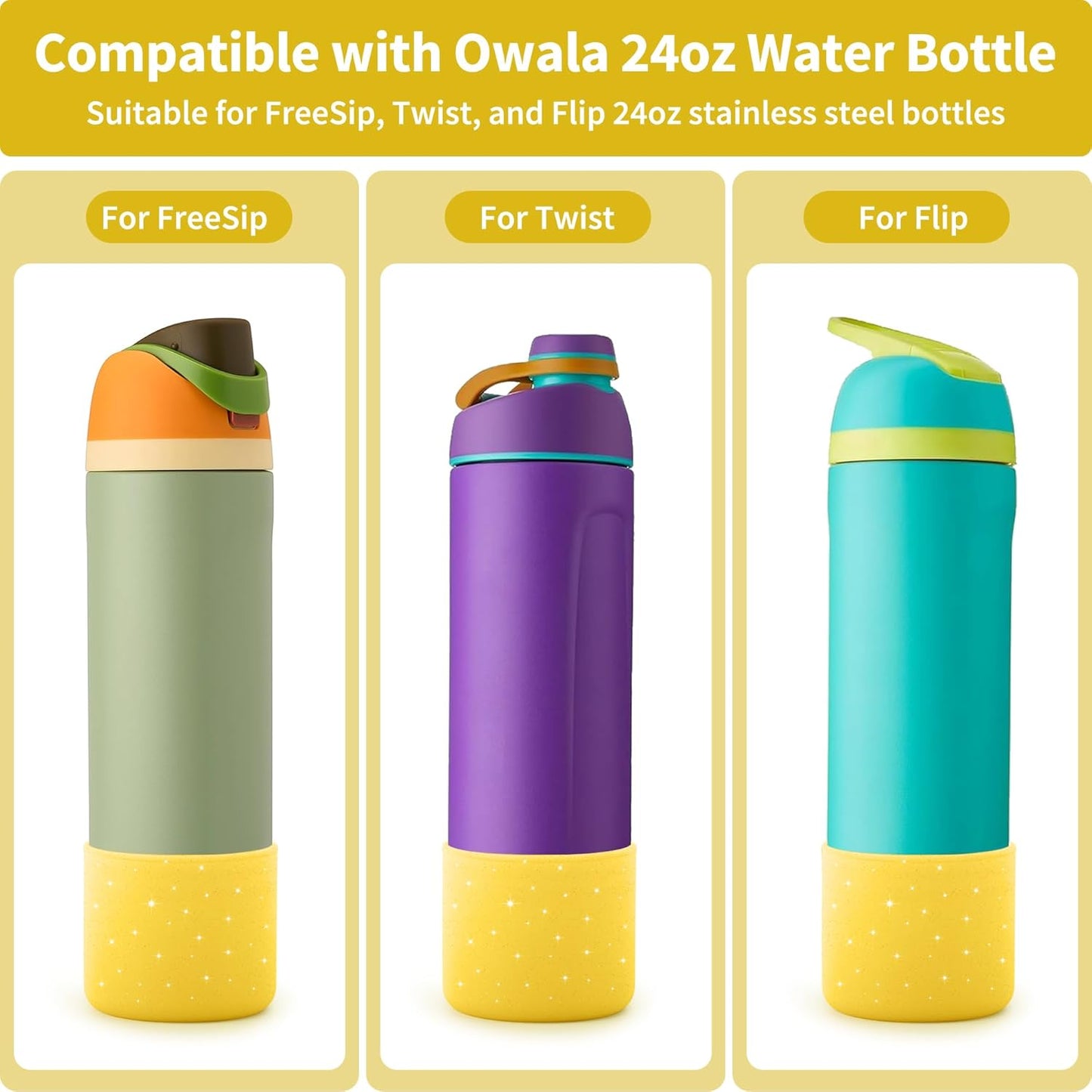 Boot for Owala 24 oz, Anti-Slip Protective Sleeve for Owala Twist & FreeSip & Flip Stainless Steel Water Bottle, Silicone Boot Bottom Base for Owala (Glitter Yellow)
