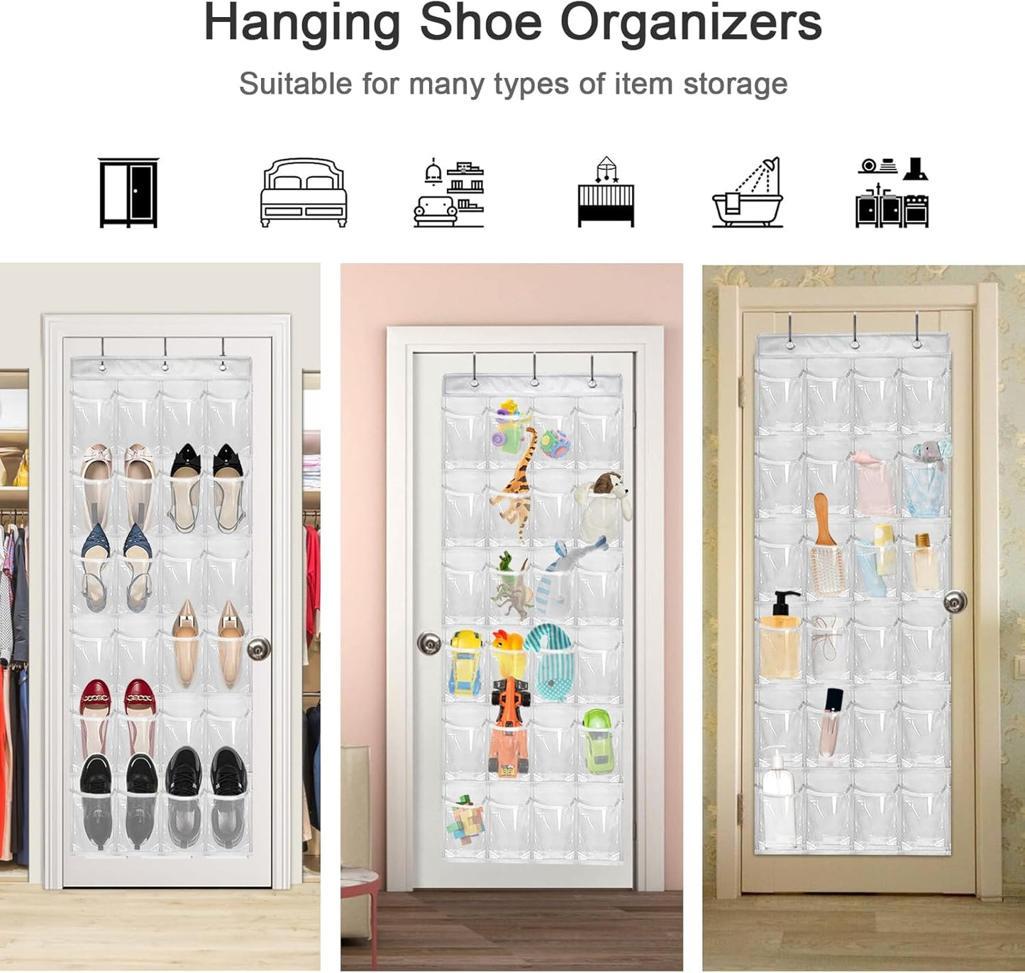 Over The Door Shoe Organizer with 24 Clear Pockets and Metal Hooks – Heavy Duty Hanging Shoe Storage Rack for Closet, Bathroom, Dorm – Space Saving Organizer for Shoes, Accessories, Toys (White)