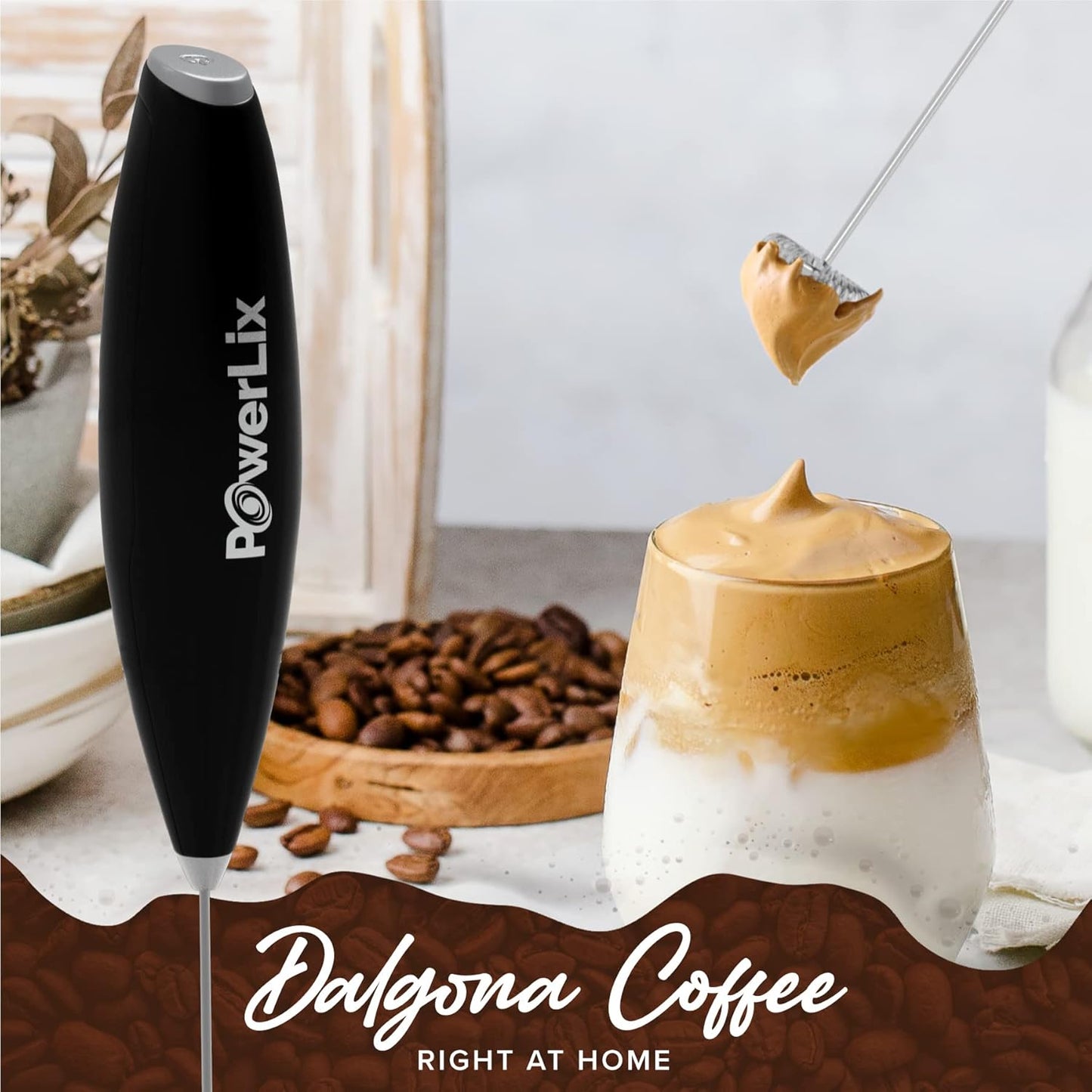 PowerLix Powerful Handheld Milk Frother With Stand Battery Operated Foam Maker Frother Wand For Coffee (A Black) (No stand Matte Black)