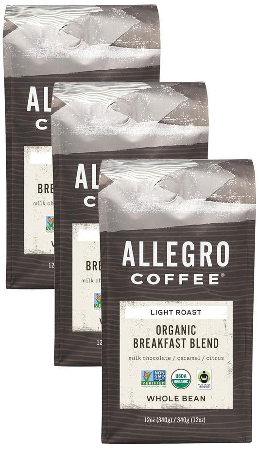 Allegro Coffee Organic Breakfast Blend Whole Bean Coffee, 12 oz (Pack of 3)