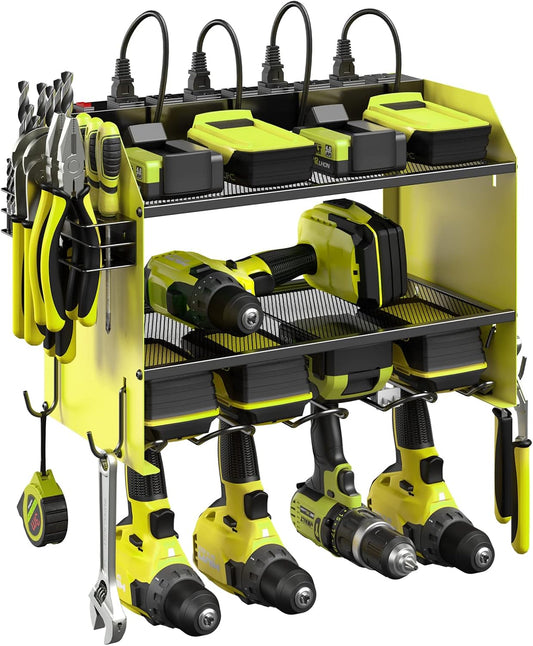 CCCEI Modular Power Tool Organizer Wall Mount with Charging Station. Garage Drill Storage Shelf with Hooks, Heavy Duty Rack, Tool Battery Holder Built in 8 Outlet. Gift for Men. Green, 2 Pack.