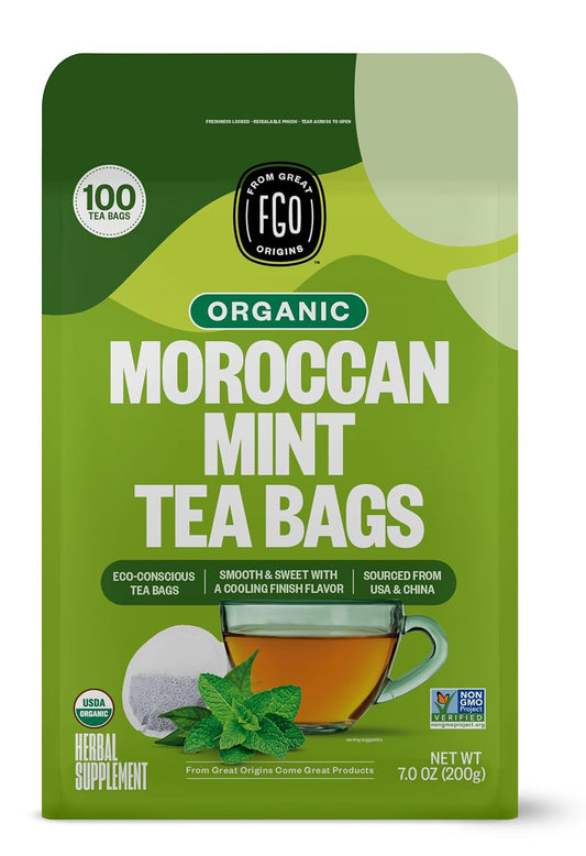 FGO Organic Moroccan Mint Green Tea, 100 Count, Eco-Conscious Tea Bags, Resealable Bag, Packaging May Vary (Pack of 1)