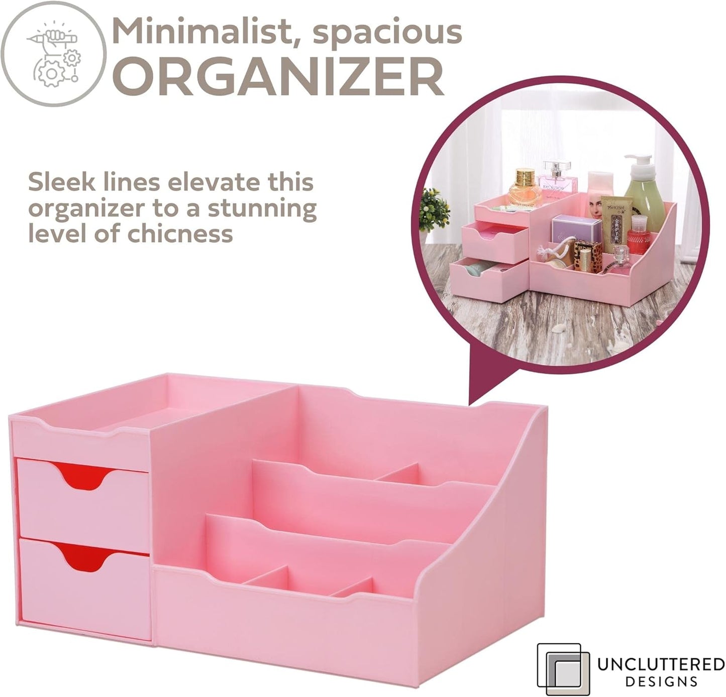 Uncluttered Designs Makeup Organizer With Drawers - Cute Kawaii Countertop Storage for Cosmetics, Pretty Vanity Holder for Perfume, Skincare, Brush, Lipstick, Nail Polish and other Accessories (Pink)