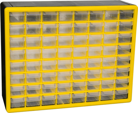 Akro-Mils 64-Drawer Plastic Drawer Storage Cabinet for Garage Organization, Bead Organizer, Building Bricks Storage, Teacher Toolbox, Makeup Organizer, 20" W x 6" D x 16" H, 10164 Yellow