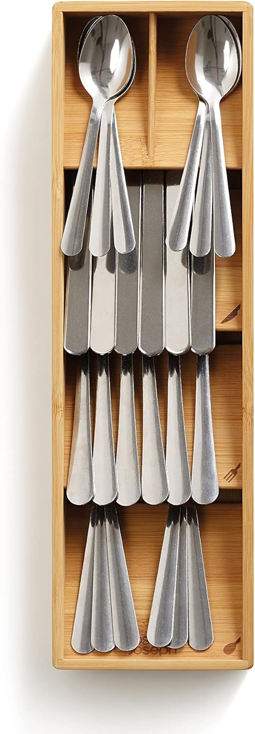 Joseph Joseph DrawerStore Compact Utensil Organizer For Kitchen Drawer Silverware, Flatware Tray, Small, Bamboo
