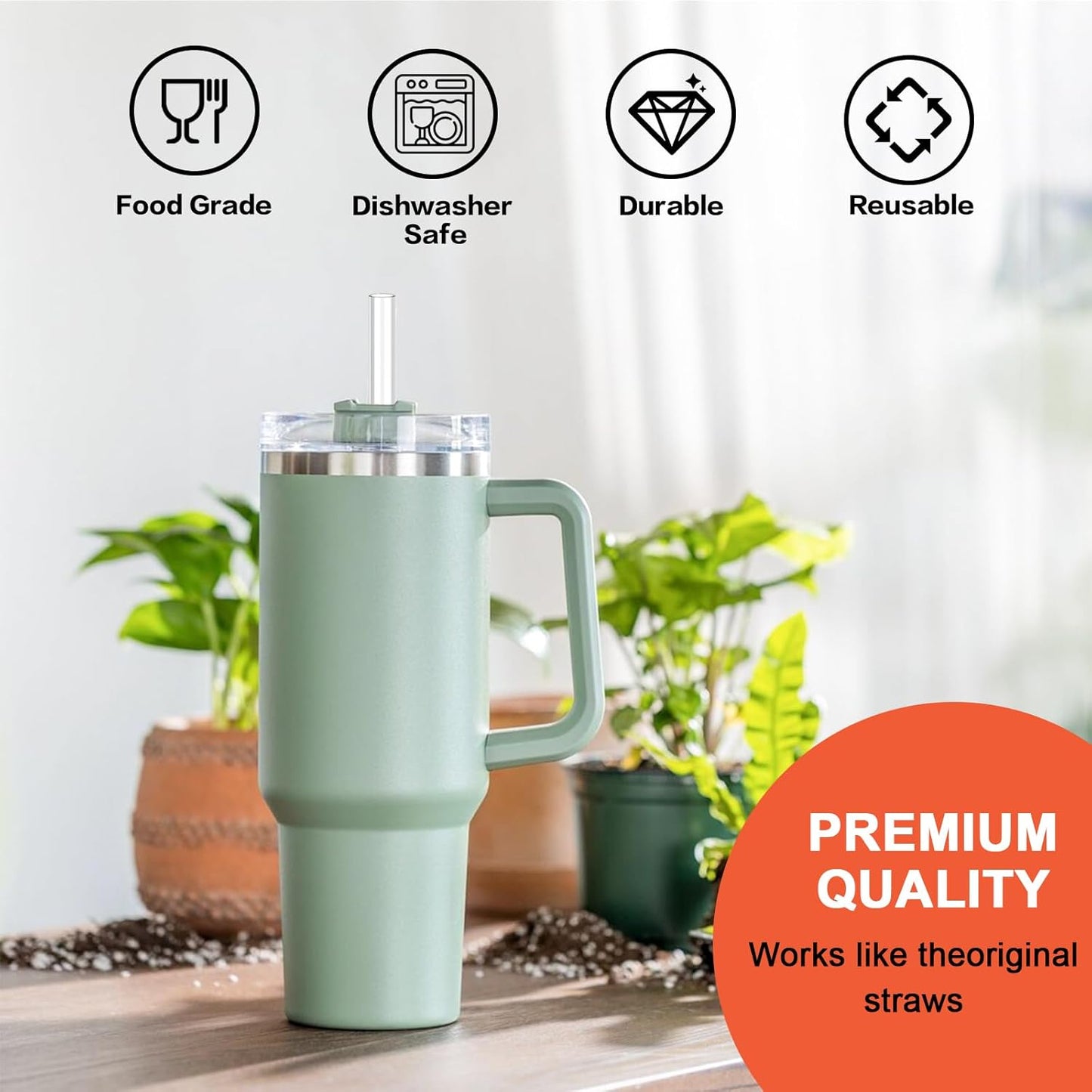 Dishwasher Safe Replacement Straw for Stanley Cup 64oz 40oz 30oz, 12 Pcs Reusable Long Clear Straw with Clear Brush for Stanley Cup Accessories, BPA Free