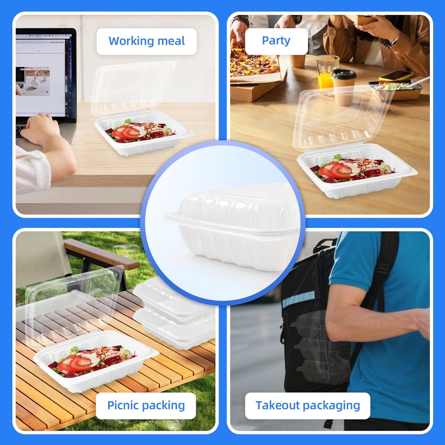 YANGRUI Takeout Containers 8 Inch 34 oz 25 Pack - Reusable Anti Fog Crystal Lid Technology Shrink Wrap To Go Box | BPA Free PP Plastic Freezer & Microwave Safe | White Restaurant Grade Food Container