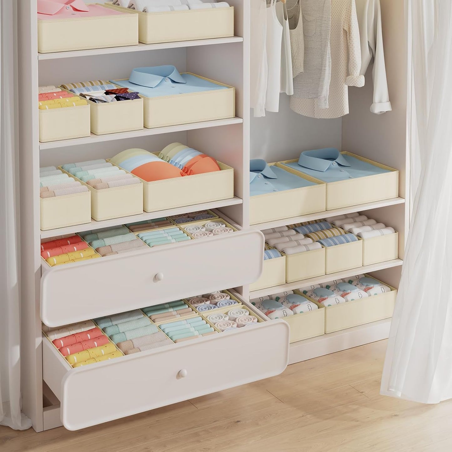 DIMJ Drawer Organizer Clothes, 20 Pack Dresser Organizer, Foldable Closet Organizers and Storage, Fabric Dresser Bins, Drawer Dividers for Nursery, Baby Clothes, Underwears, Sock (Beige)