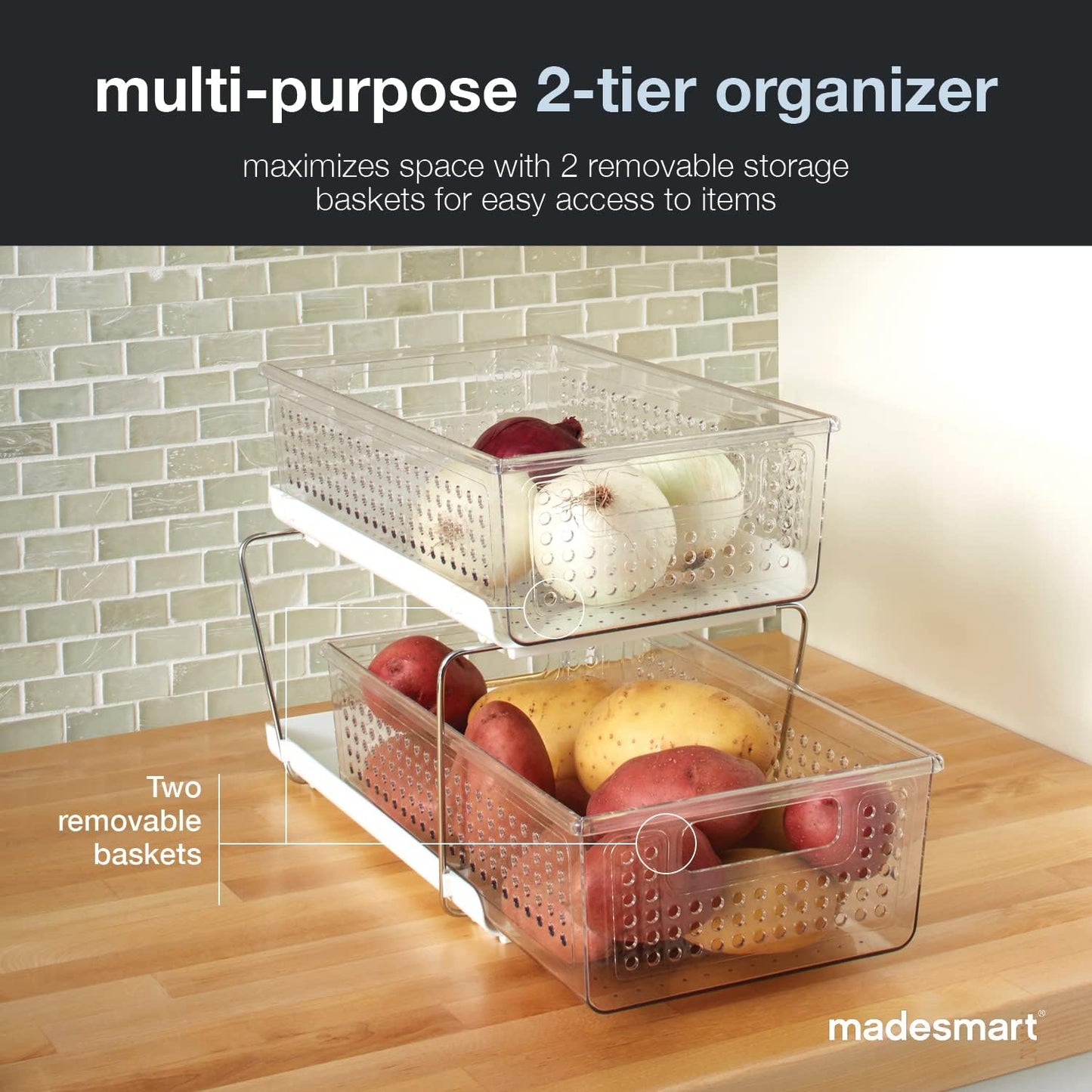 madesmart 2-Tier Organizer, Multi-Purpose Slide-Out Storage with Handles and Dividers for Home and Bath, Easy Assembly, BPA Free, Clear