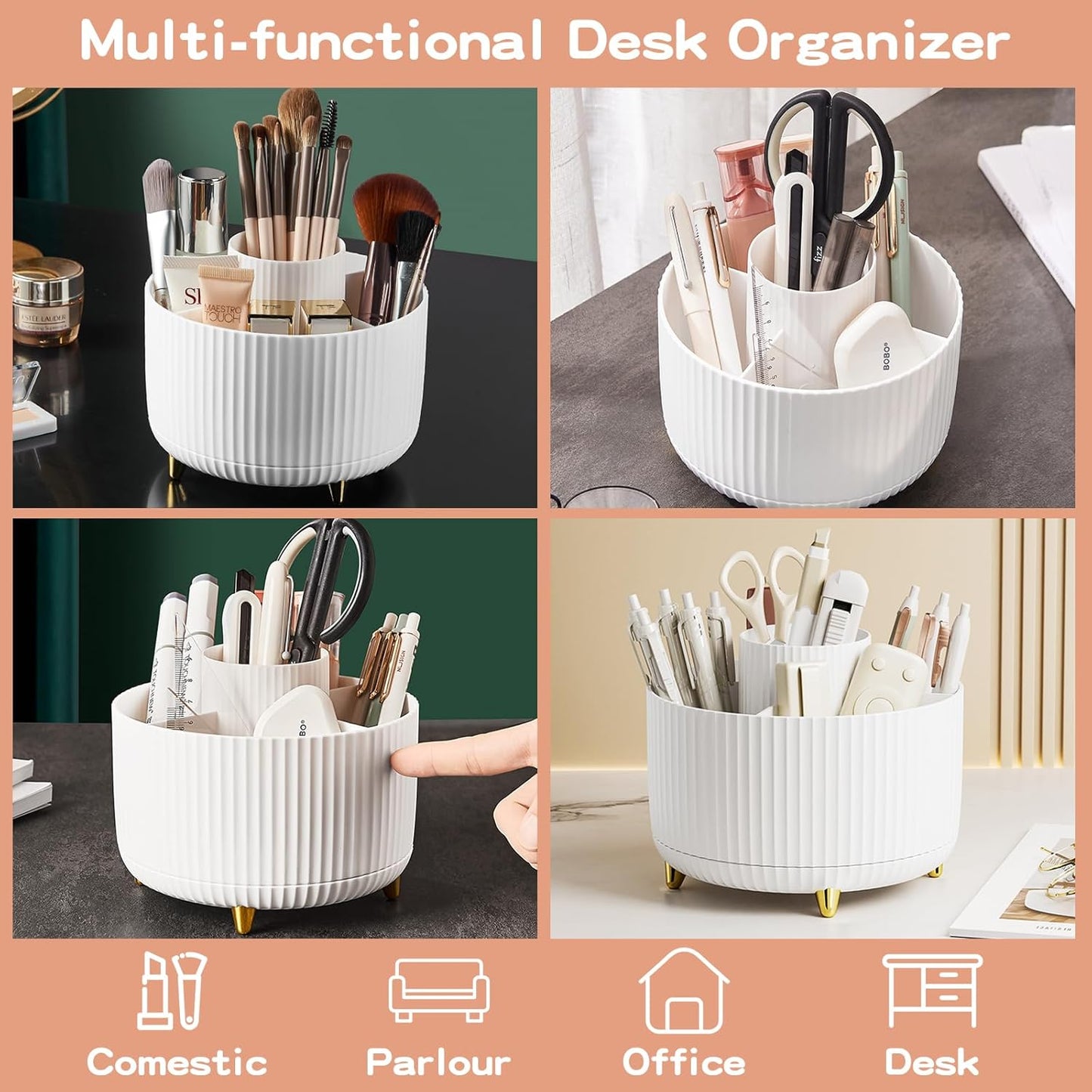 360° Rotating Desktop Women Brush Holder Organizer, Makeup Organizers Countertop,Makeup organization and Skincare Storage for Vanity, Desktop, Bathroom (White-1)