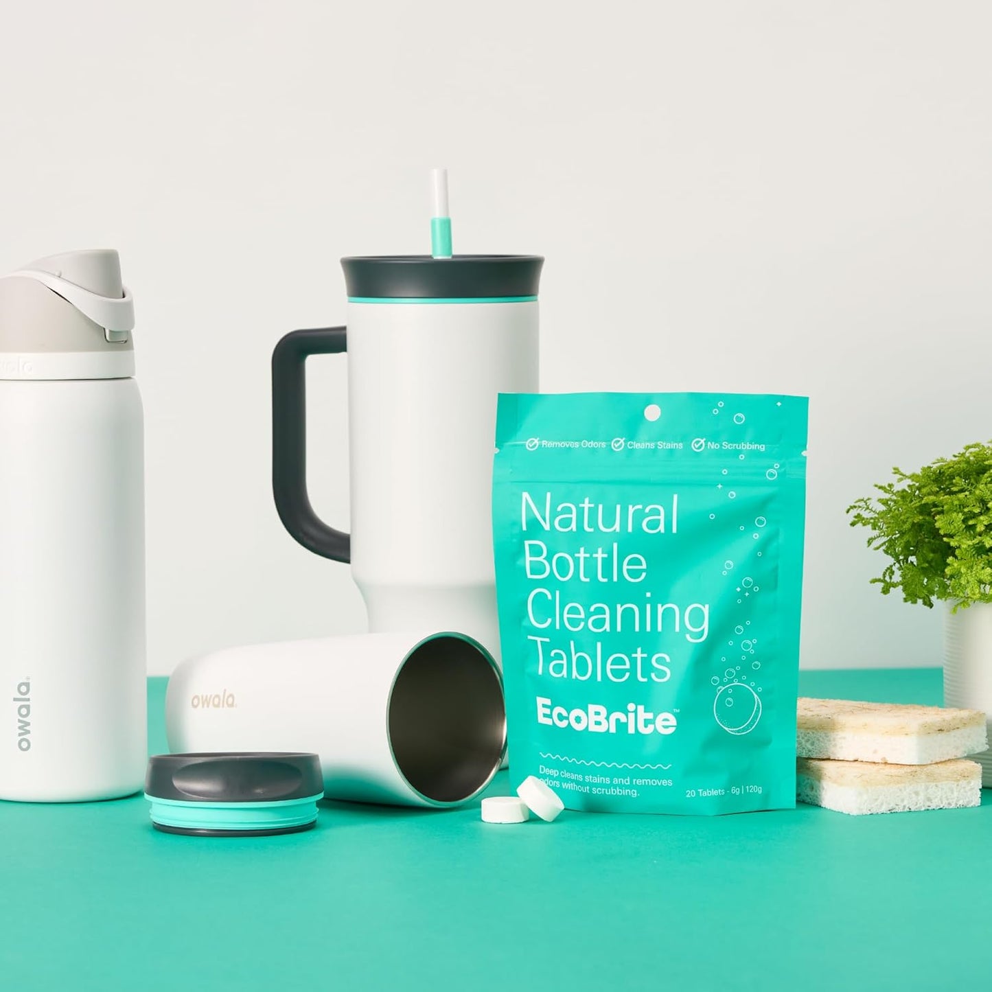 Owala EcoBrite Powerful Cleaning Tablets, Cleans Bottles, Coffee Cups, Pots, Pans, Camping Gear, Pet Bowls, and Much More - 20 pack (Individually Wrapped) Made From Naturally Sourced ingredients