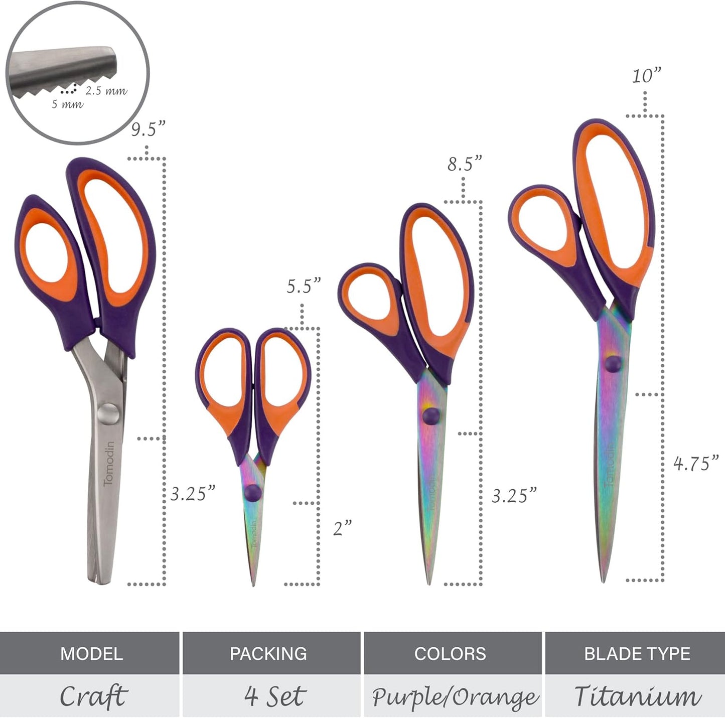 BambooMN Titanium Softgrip Scissors Set - Pinking, Sewing, Arts, Crafts, Office - 30 Sets of 4 - Purple w/Orange