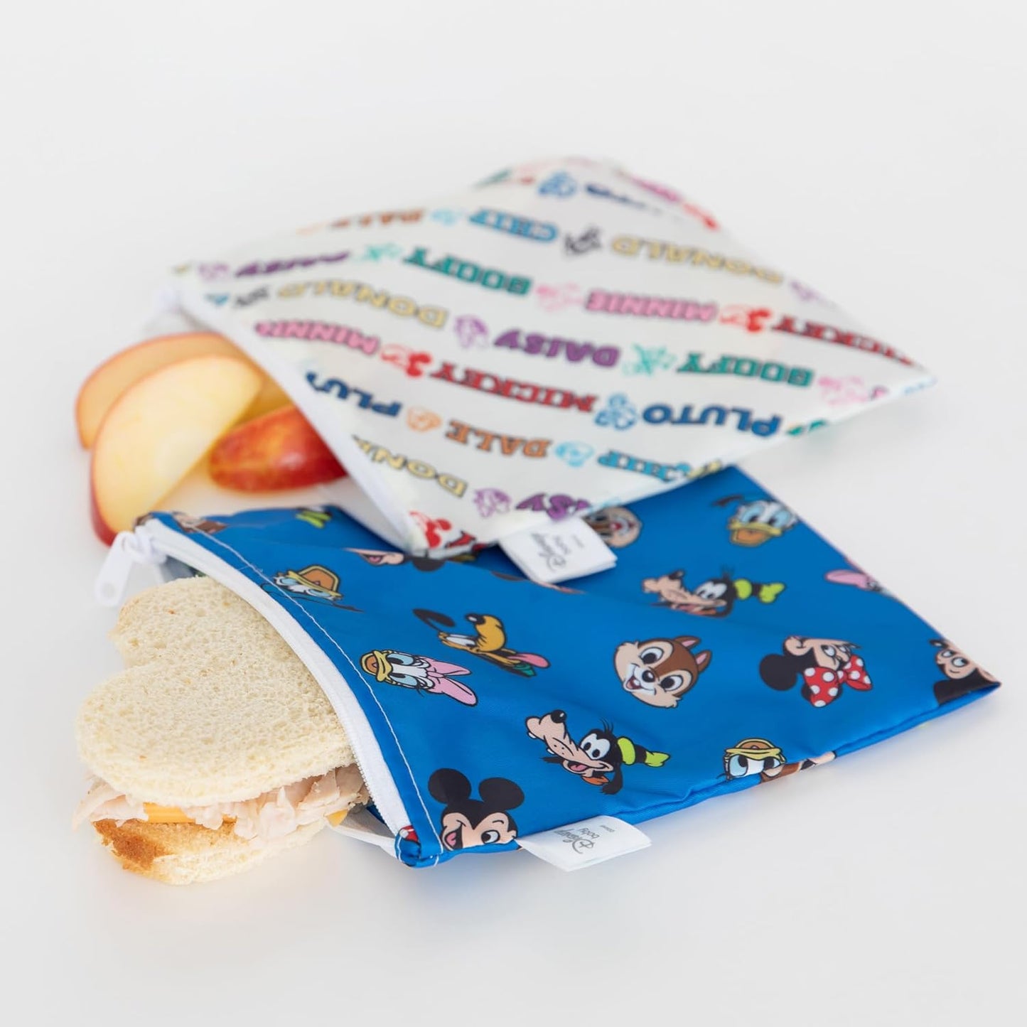 Bumkins Disney Reusable Sandwich and Snack Bags, for Kids School Lunch and for Adults Portion, Washable Fabric, Waterproof Cloth Zip Bag, Travel Pouch, Food-Safe Storage, Large 2-pk Mickey and Friends
