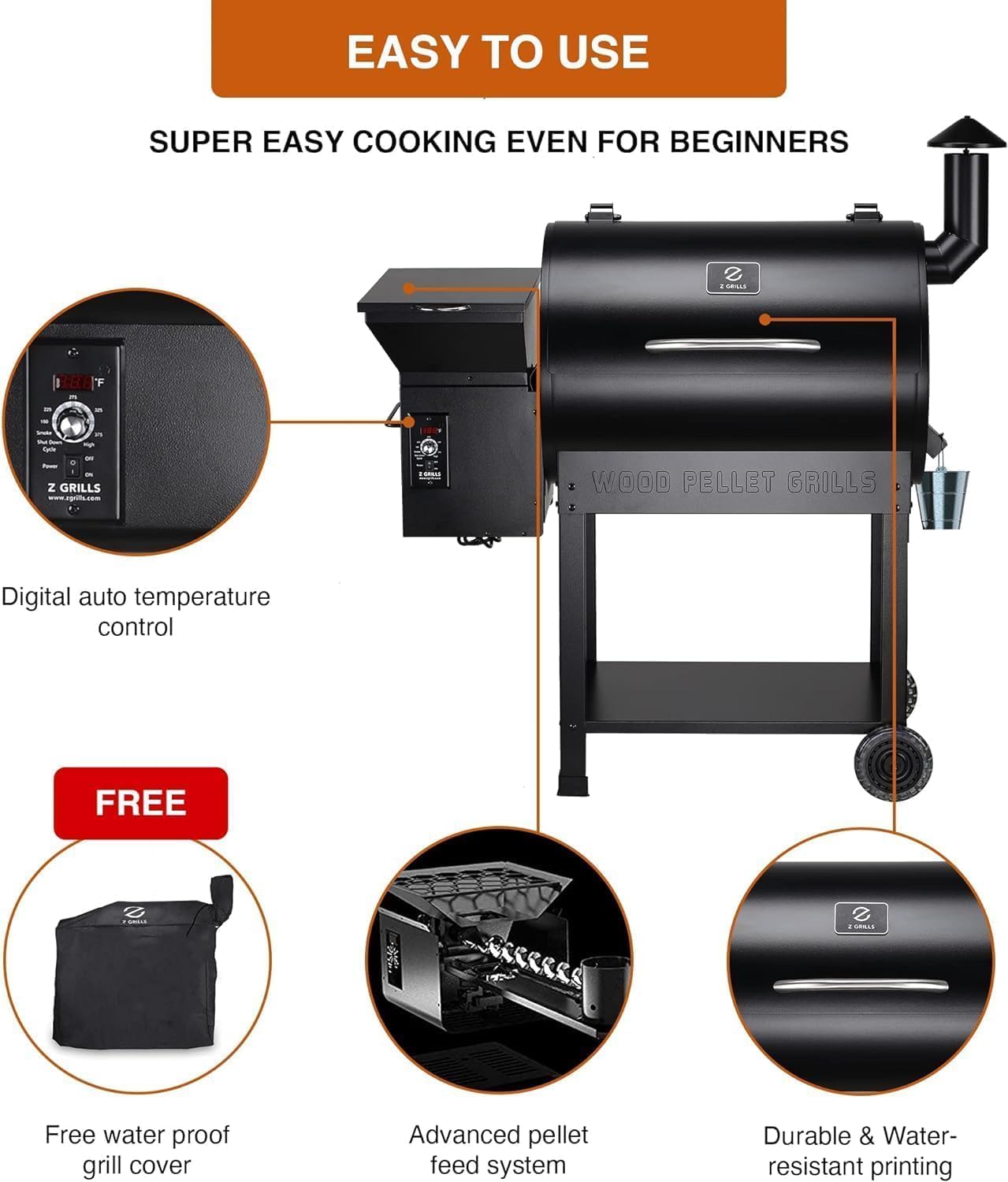 Z GRILLS ZPG-7002B Newly Upgrade Wood Pellet Grill & Smoker, 8 in 1 BBQ Grill Auto Temperature Controls, inch Cooking Area, 700 sq in Black