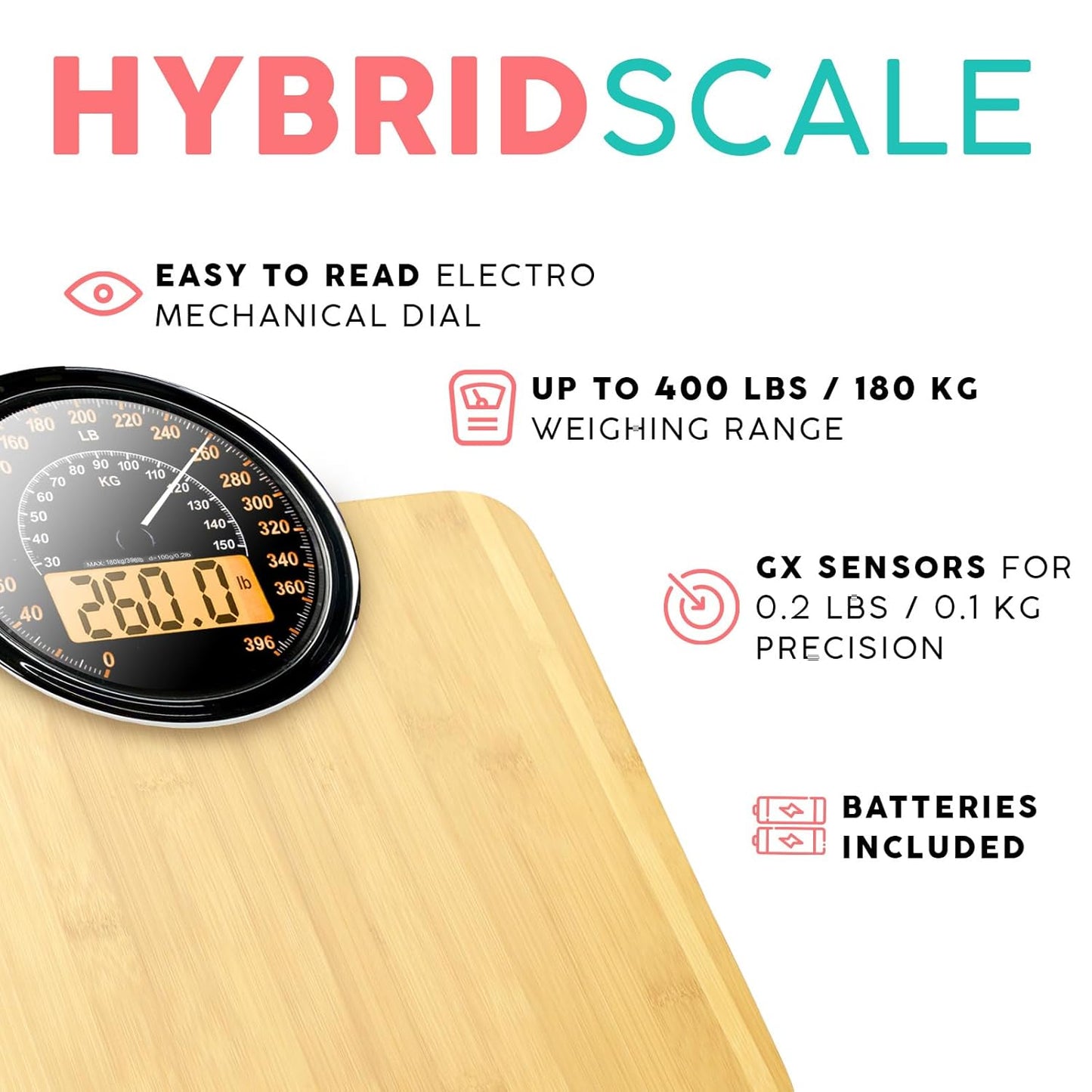 Adamson Hybrid 2-in-1 Analog & Digital Weighing Scale for Body Weight up to 400lbs - Thick Tempered Glass - Extra Large Display - Easy to Read Digital Bathroom Scale - New - Wood