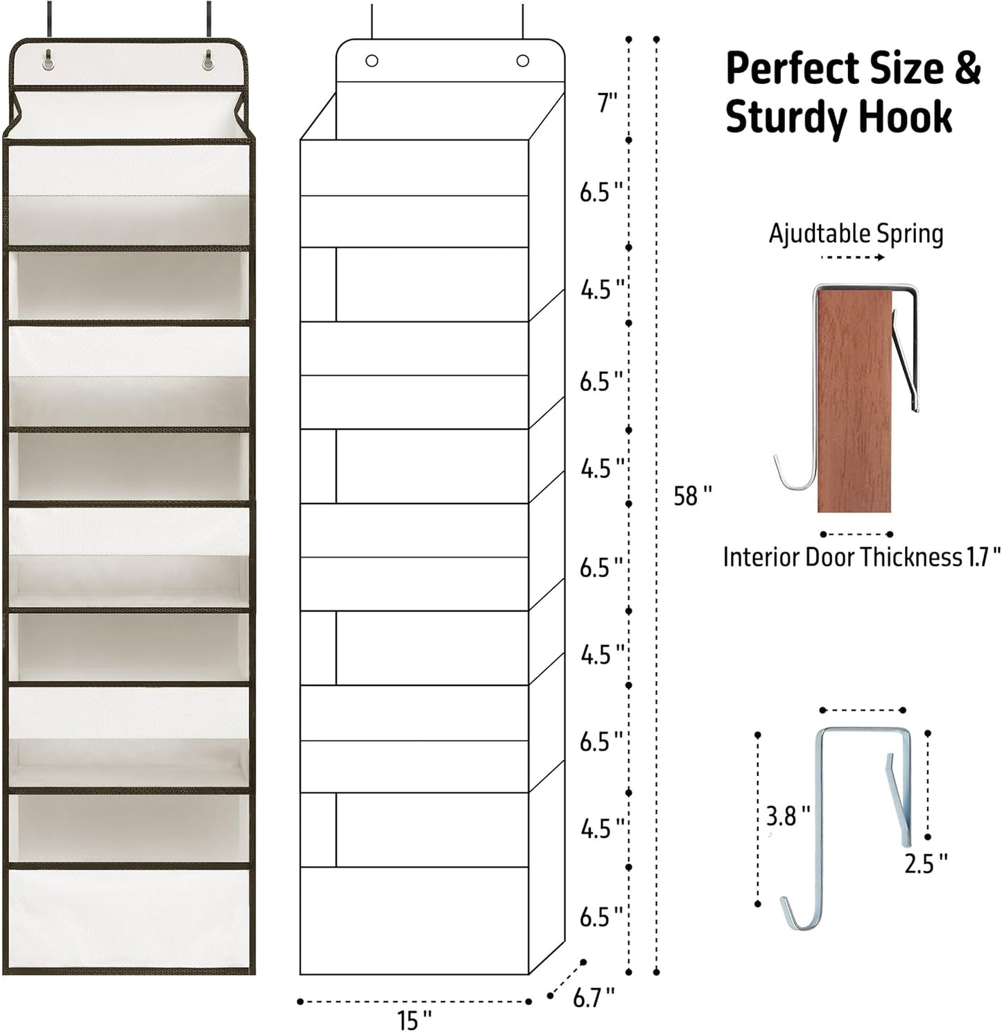 Over Door Organizer with 5 Large Pockets, Heavy Duty Hanging Organizer Storage, Closet Bathroom Nursery Bedroom Dorm, Toys Cosmetics Sundries and Baby Essentials, White