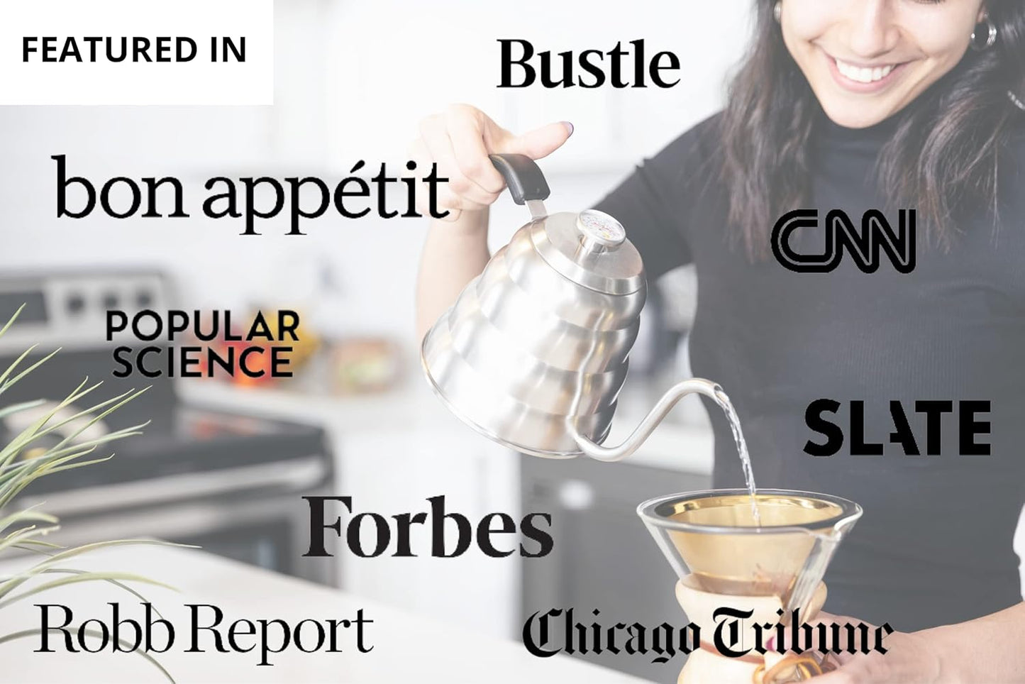 Barista Warrior Gooseneck Kettle for Pour Over Coffee and Tea with Thermometer for Exact Temperature, Precision Pour Drip Spout, Stainless Steel, Compatible with all Stove Tops (1.2 Liter, 40 fl oz)