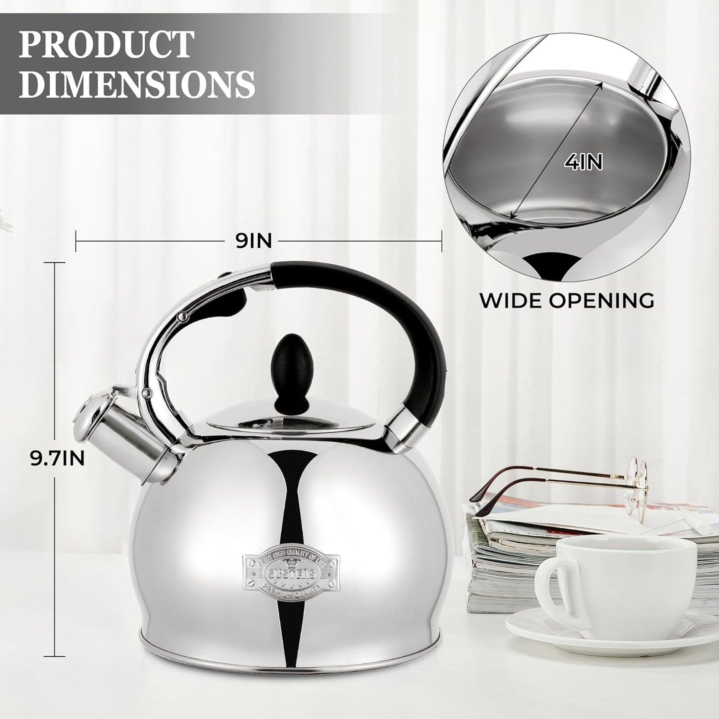SUSTEAS Stove Top Whistling Tea Kettle - Food Grade Stainless Steel Teakettle Teapot with Cool Touch Ergonomic Handle, With 1 Silicone Pinch Mitt Included,2.64 Quart(SILVER)