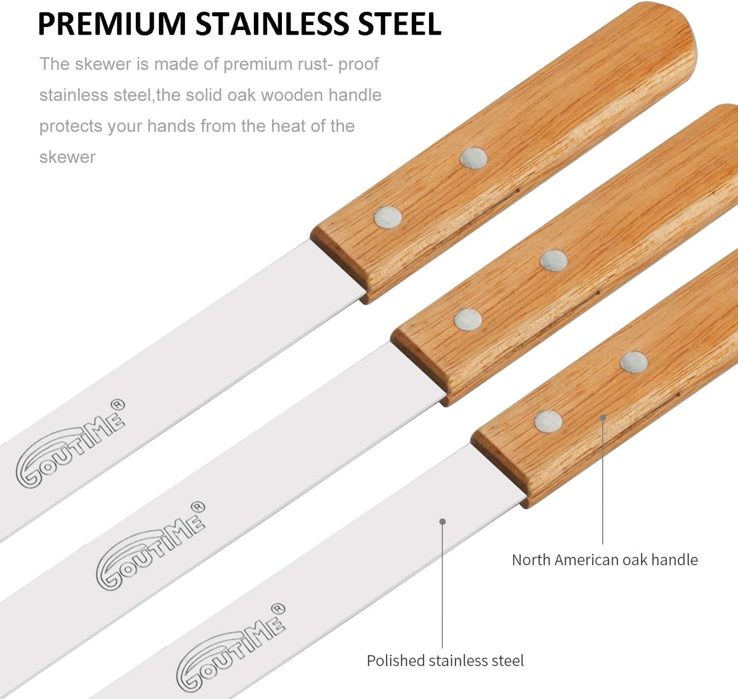 Goutime 23 X 5/8 Inch Stainless Steel Shish Kabob Barbecue BBQ Skewers with Wood Handle for Outdoor Cooking Grilling, Set of 7 with Bag