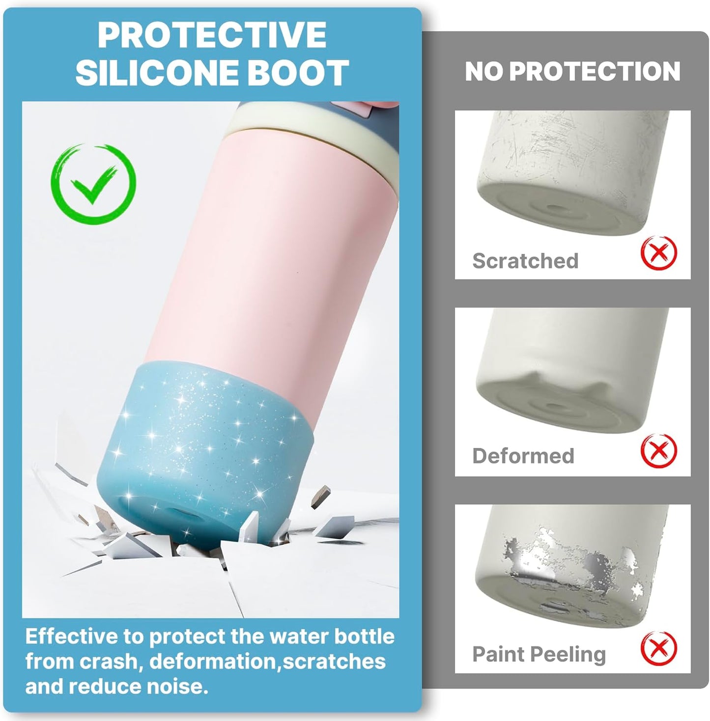 Silicone Boot for Owala 14/16 oz Water Bottle, Anti-Slip Protective Sleeve for Owala 12 oz Kids Tumbler, Boot Bottom Base fit Flip 14 oz Insulated Stainless-Steel Water Bottle (Glitter Blue)