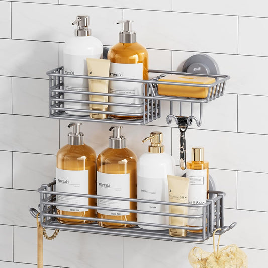 TAILI Shower Caddy Suction Cup 2 Pack with Hooks & Soap holder, Heavy Duty Shower Organizer for Bathroom, No Drilling Bathroom Organizer with Large Capacity, Metal Storage Basket-Grey