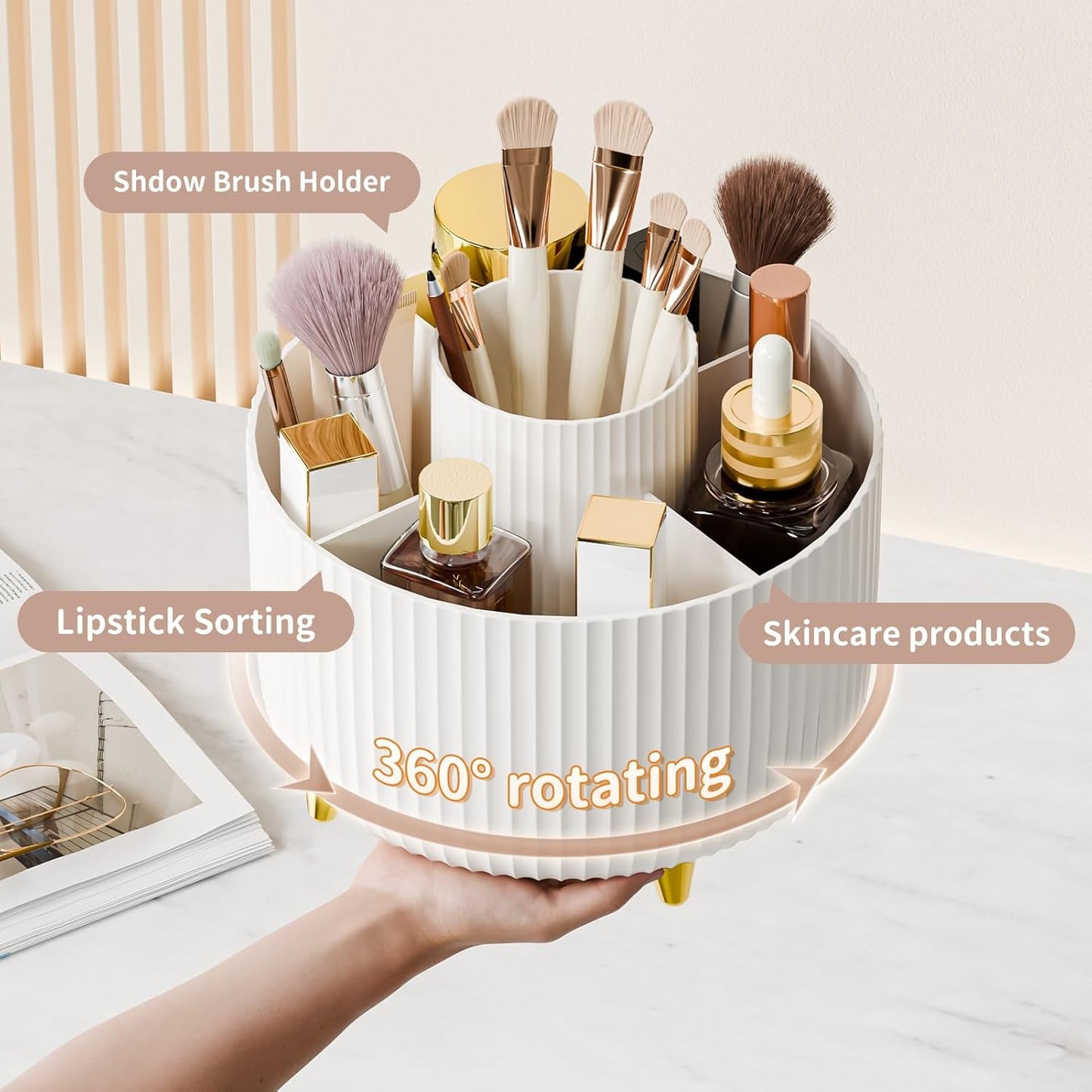 360° Rotating Desktop Women Brush Holder Organizer, Makeup Organizers Countertop,Makeup organization and Skincare Storage for Vanity, Desktop, Bathroom (White-1)