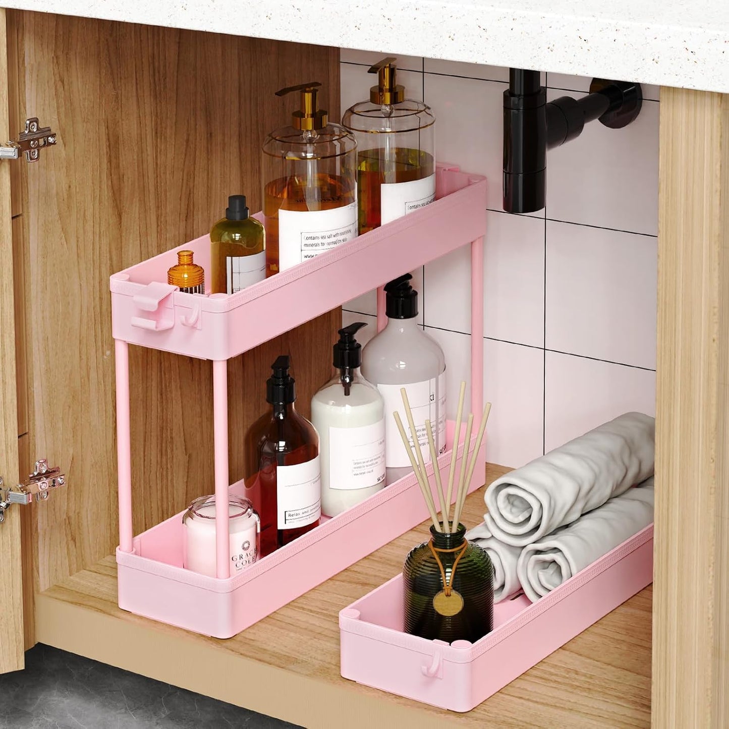 SPACEKEEPER Slim Rolling Storage Cart, 3 Tier Bathroom Organizer Utility Cart Laundry Room Organization Mobile Shelving Unit for Kitchen, Bathroom, Office, Bedroom, Narrow Places, Pink