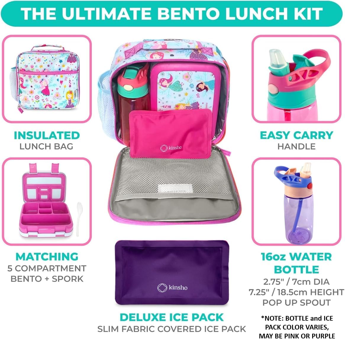 Bento Box, Lunch Bag, Ice Pack Water Bottle Set for Kids - 5 Compartments, Removable Tray, Lunches or Snack Container Girls Toddlers Daycare Pre-School, Kindergarten Pink Purple Fairy Princess
